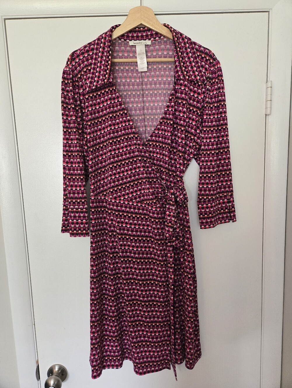 Laundry Pink Print Collared Wrap Dress 70s Inspired Size L